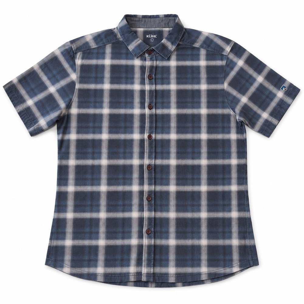 Kuhl Wildfibre Mens Large Blue Plaid Short Sleeve Organic Cotton Button Up Shirt